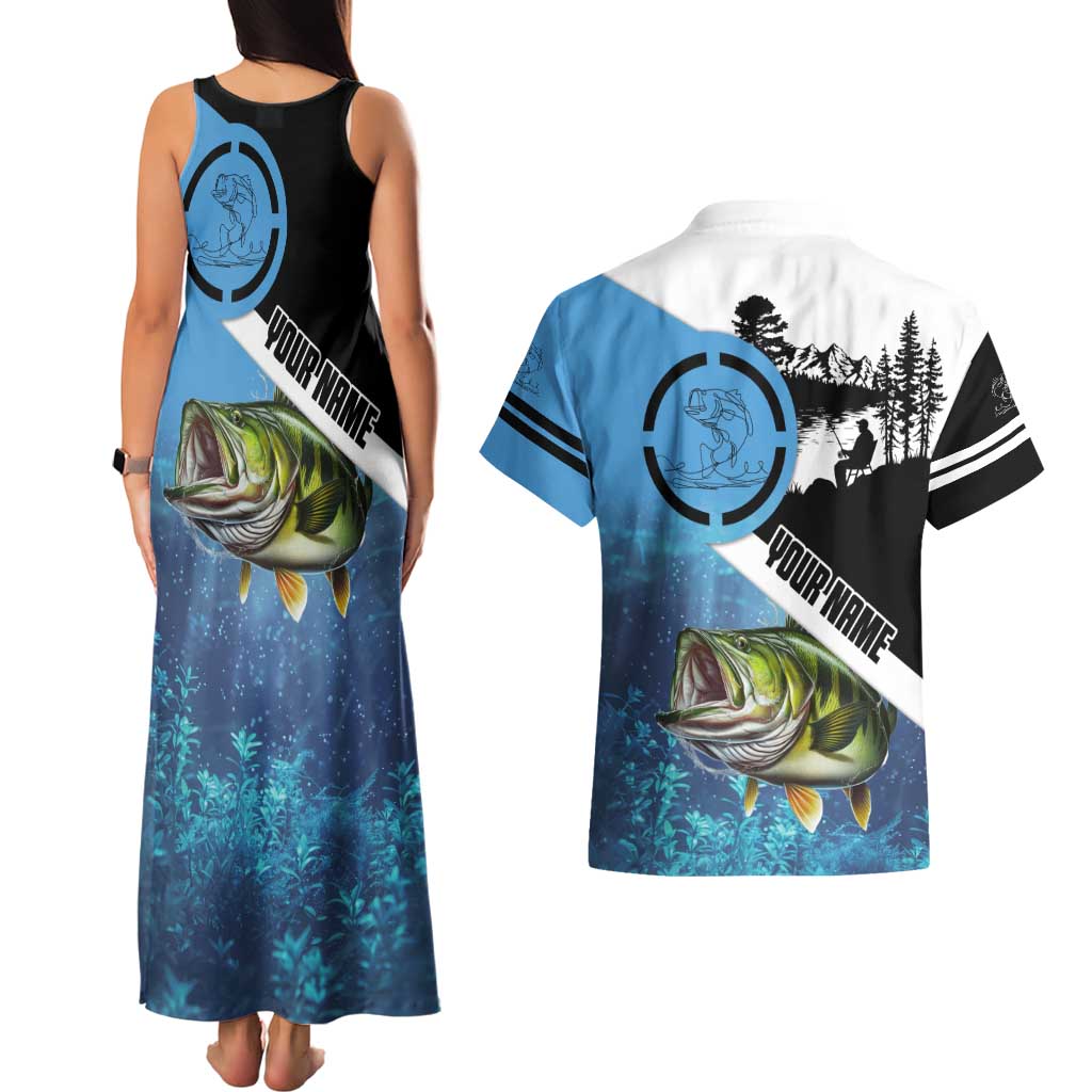 Largemouth Bass Fishing Underwater Graphic Couples Matching Tank Maxi Dress and Hawaiian Shirt Mountain Silhouette and Custom Name Design - Wonder Print Shop