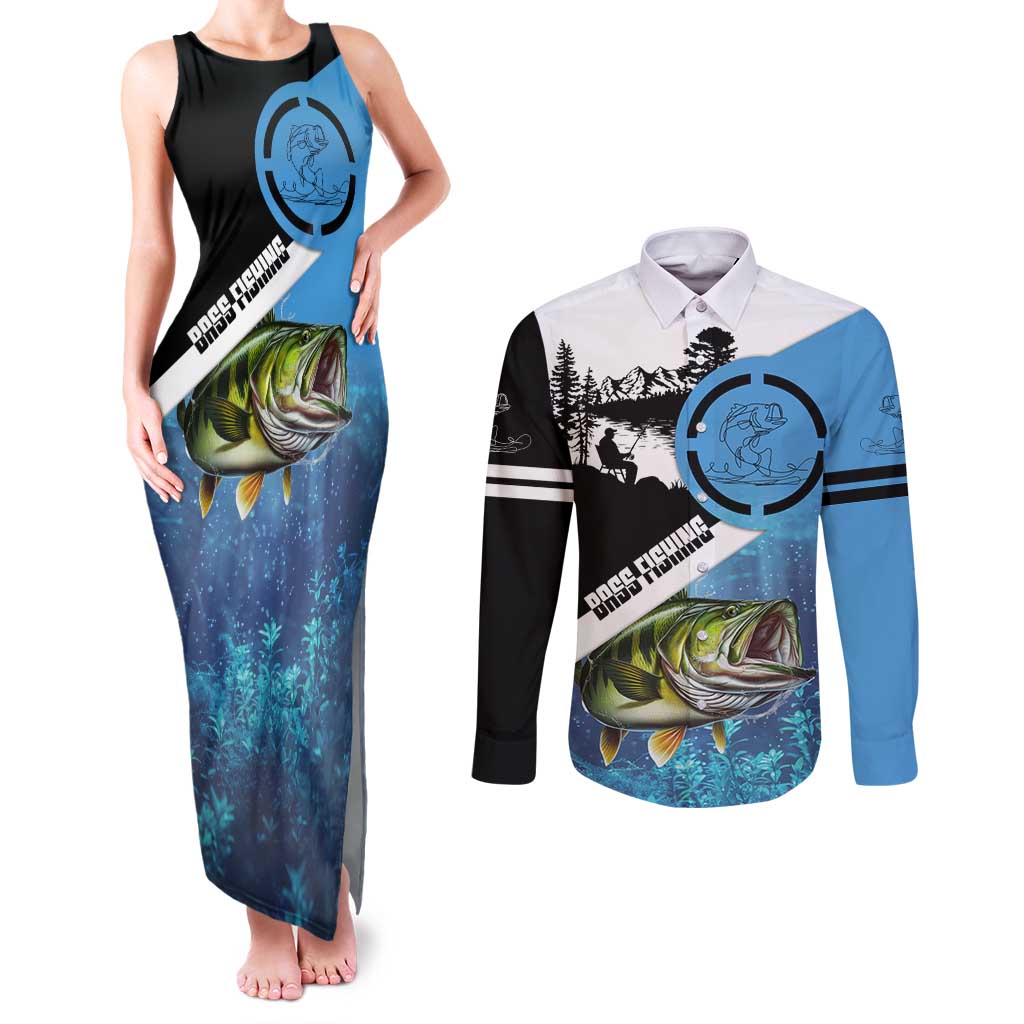 Largemouth Bass Fishing Underwater Graphic Couples Matching Tank Maxi Dress and Long Sleeve Button Shirt Mountain Silhouette and Custom Name Design - Wonder Print Shop
