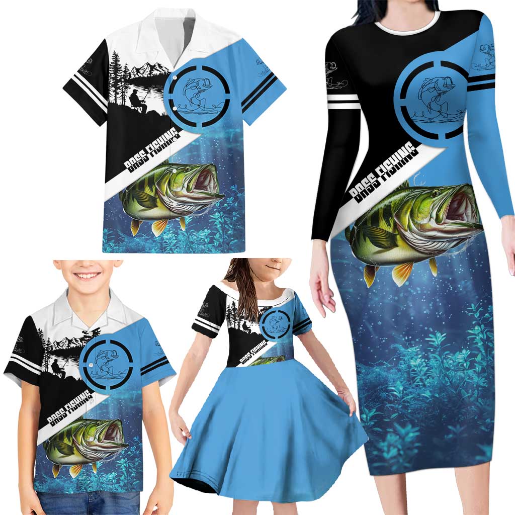 Largemouth Bass Fishing Underwater Graphic Family Matching Long Sleeve Bodycon Dress and Hawaiian Shirt Mountain Silhouette and Custom Name Design - Wonder Print Shop