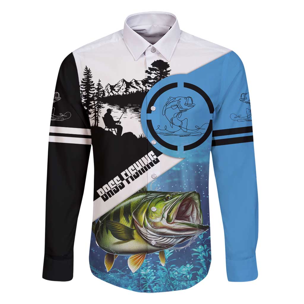 Largemouth Bass Fishing Underwater Graphic Family Matching Long Sleeve Bodycon Dress and Hawaiian Shirt Mountain Silhouette and Custom Name Design - Wonder Print Shop