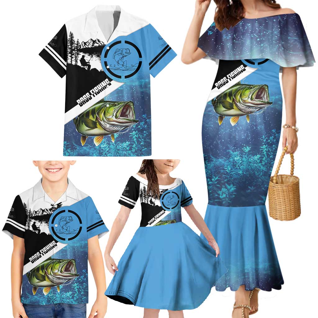 Largemouth Bass Fishing Underwater Graphic Family Matching Mermaid Dress and Hawaiian Shirt Mountain Silhouette and Custom Name Design - Wonder Print Shop