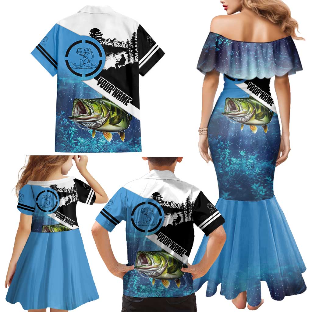 Largemouth Bass Fishing Underwater Graphic Family Matching Mermaid Dress and Hawaiian Shirt Mountain Silhouette and Custom Name Design - Wonder Print Shop