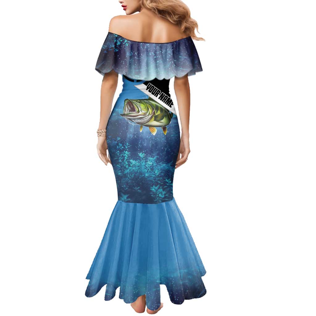 Largemouth Bass Fishing Underwater Graphic Family Matching Mermaid Dress and Hawaiian Shirt Mountain Silhouette and Custom Name Design - Wonder Print Shop