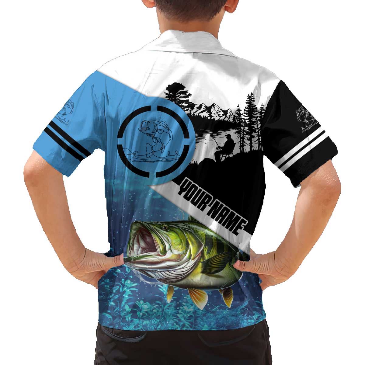Largemouth Bass Fishing Underwater Graphic Family Matching Off The Shoulder Long Sleeve Dress and Hawaiian Shirt Mountain Silhouette and Custom Name Design - Wonder Print Shop