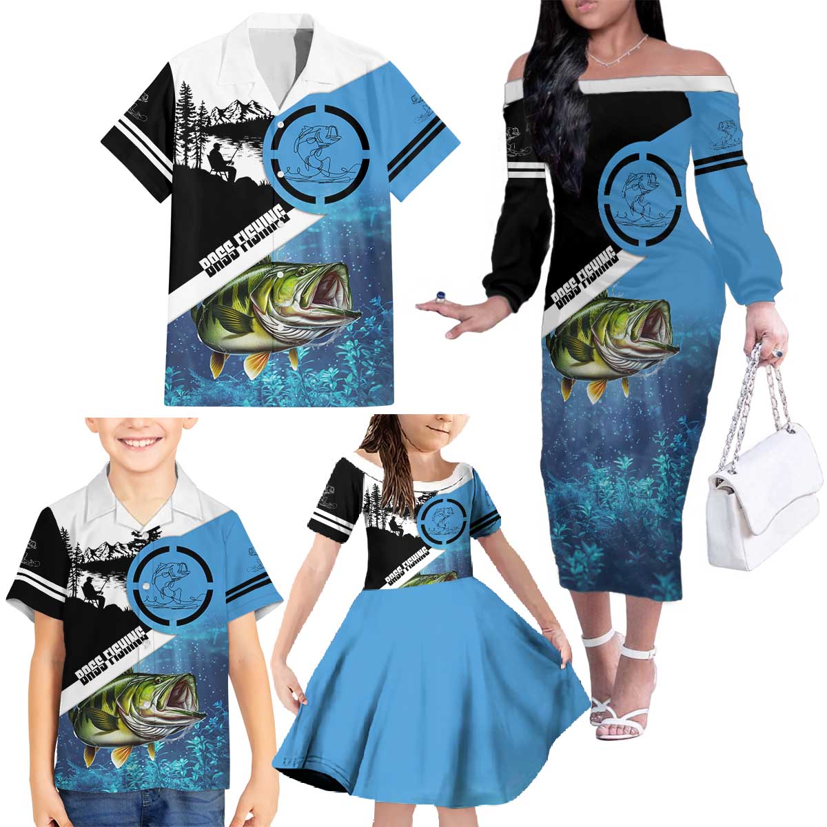 Largemouth Bass Fishing Underwater Graphic Family Matching Off The Shoulder Long Sleeve Dress and Hawaiian Shirt Mountain Silhouette and Custom Name Design - Wonder Print Shop