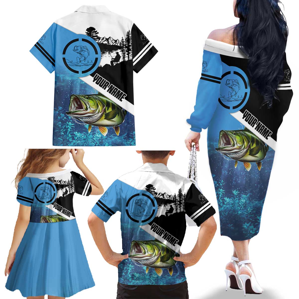 Largemouth Bass Fishing Underwater Graphic Family Matching Off The Shoulder Long Sleeve Dress and Hawaiian Shirt Mountain Silhouette and Custom Name Design - Wonder Print Shop