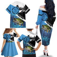Largemouth Bass Fishing Underwater Graphic Family Matching Off The Shoulder Long Sleeve Dress and Hawaiian Shirt Mountain Silhouette and Custom Name Design - Wonder Print Shop