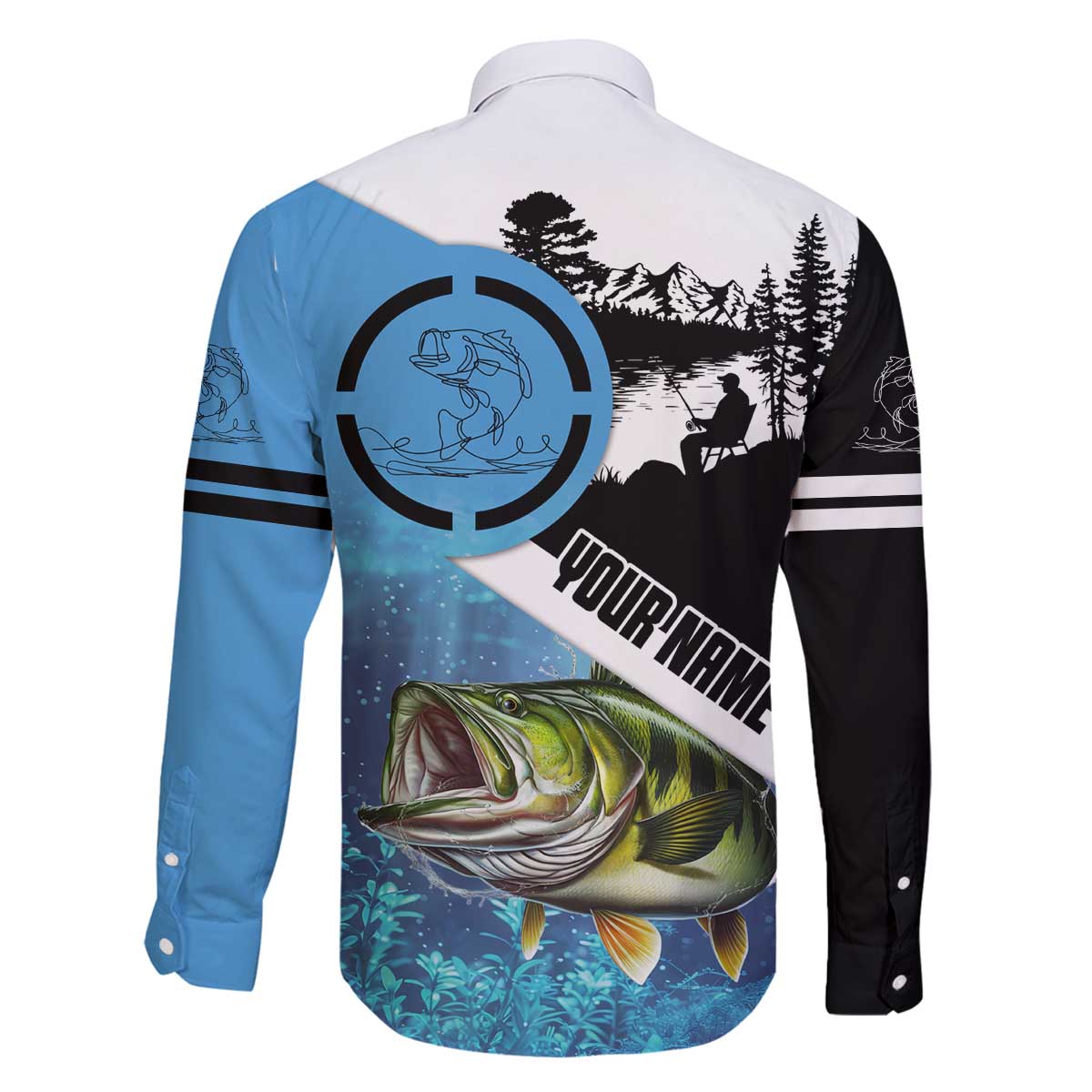 Largemouth Bass Fishing Underwater Graphic Family Matching Off The Shoulder Long Sleeve Dress and Hawaiian Shirt Mountain Silhouette and Custom Name Design - Wonder Print Shop