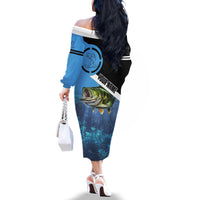 Largemouth Bass Fishing Underwater Graphic Family Matching Off The Shoulder Long Sleeve Dress and Hawaiian Shirt Mountain Silhouette and Custom Name Design - Wonder Print Shop