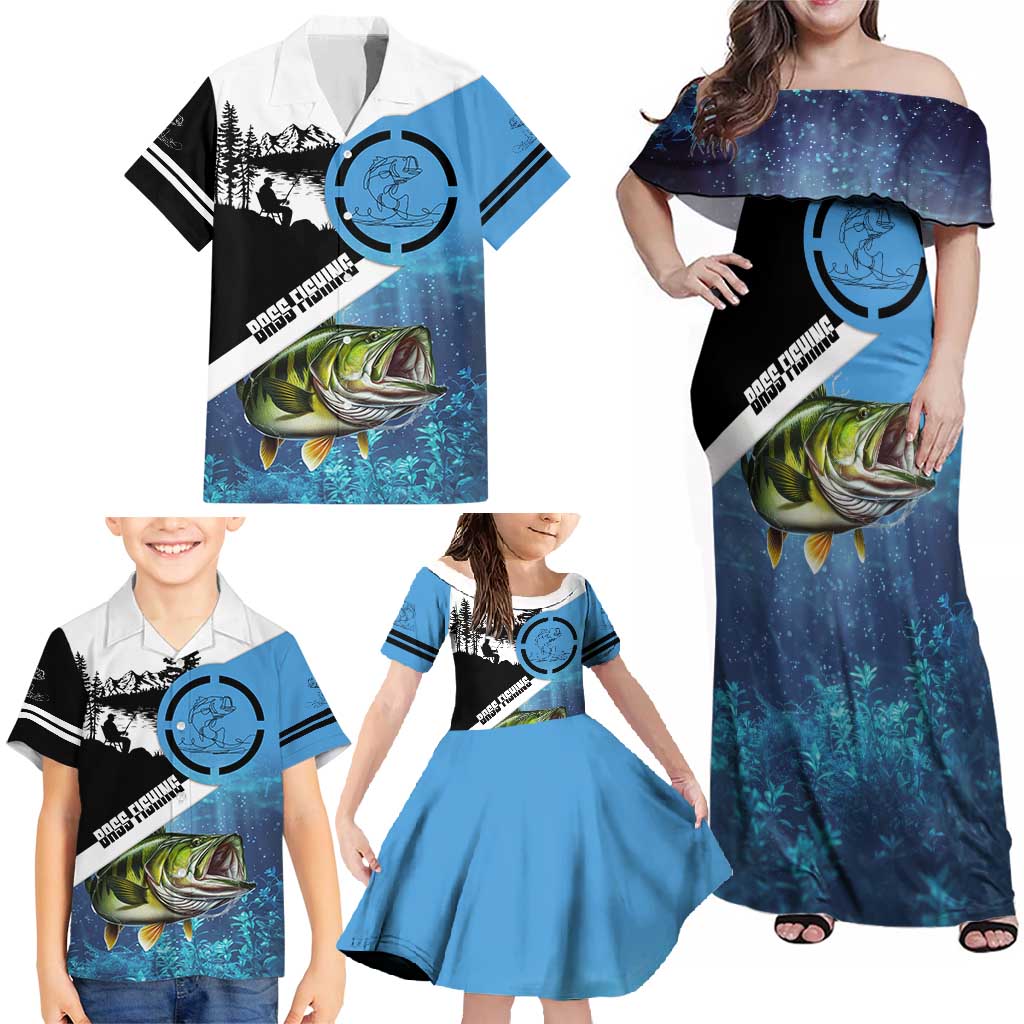 Largemouth Bass Fishing Underwater Graphic Family Matching Off Shoulder Maxi Dress and Hawaiian Shirt Mountain Silhouette and Custom Name Design - Wonder Print Shop