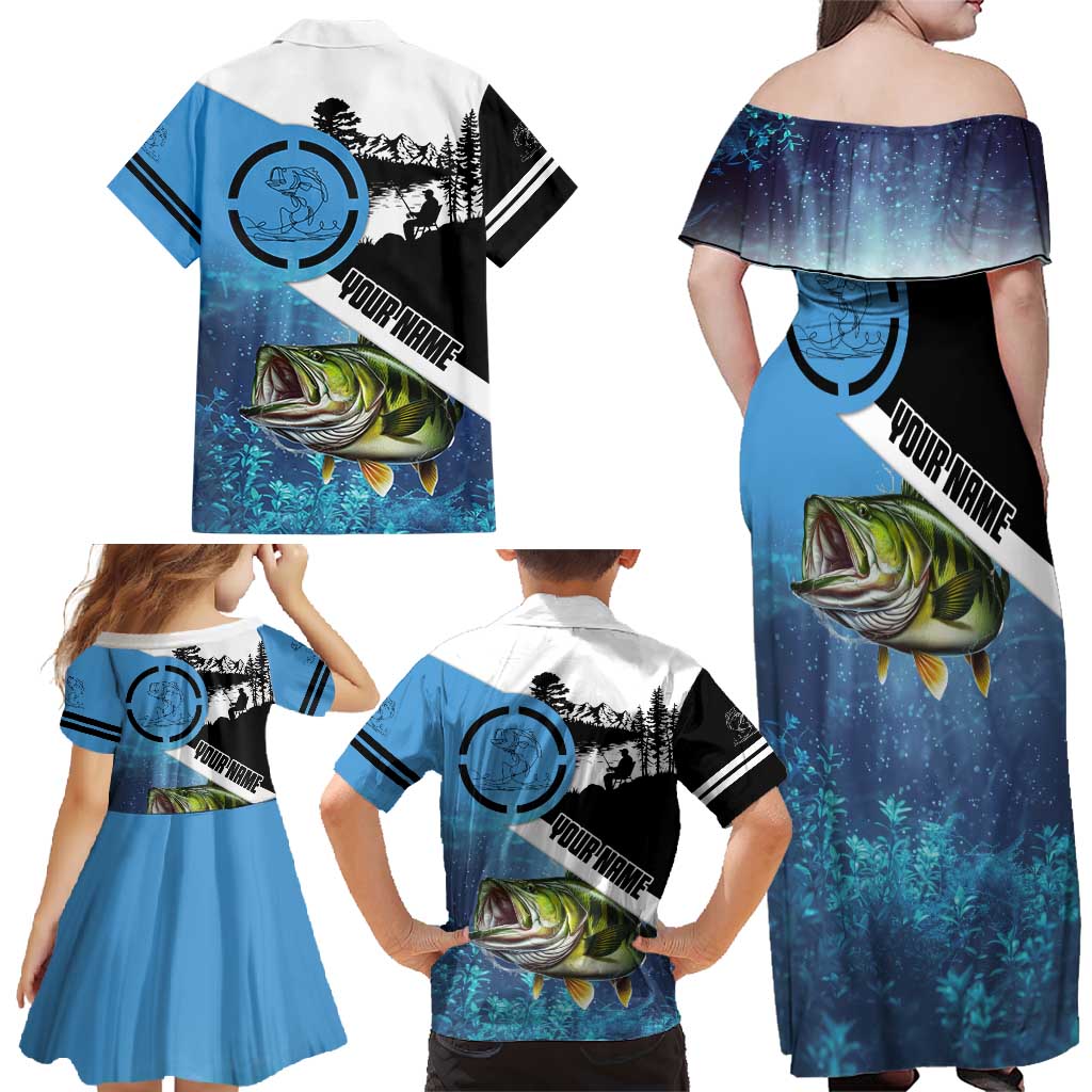 Largemouth Bass Fishing Underwater Graphic Family Matching Off Shoulder Maxi Dress and Hawaiian Shirt Mountain Silhouette and Custom Name Design - Wonder Print Shop