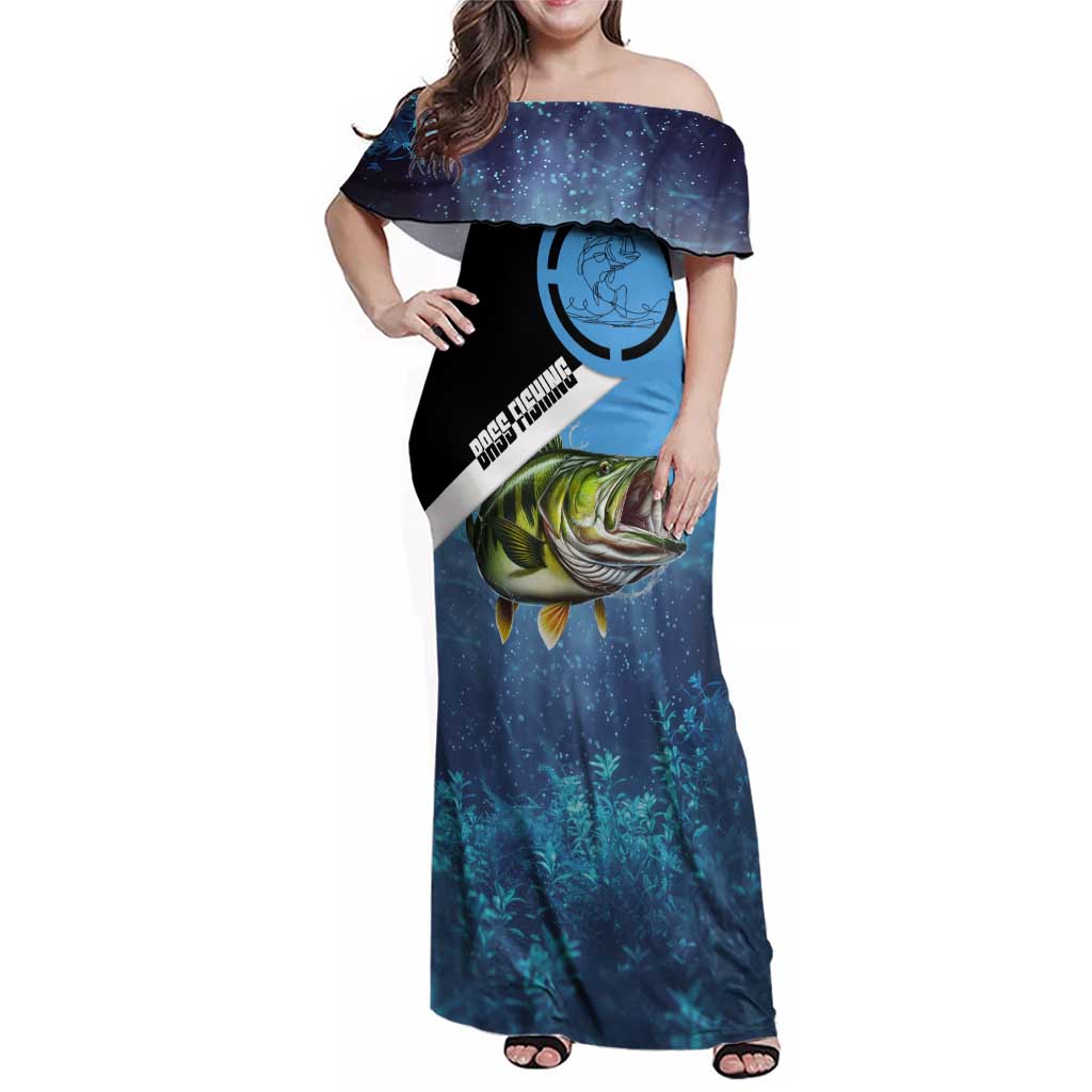 Largemouth Bass Fishing Underwater Graphic Family Matching Off Shoulder Maxi Dress and Hawaiian Shirt Mountain Silhouette and Custom Name Design - Wonder Print Shop