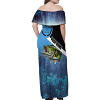 Largemouth Bass Fishing Underwater Graphic Family Matching Off Shoulder Maxi Dress and Hawaiian Shirt Mountain Silhouette and Custom Name Design - Wonder Print Shop