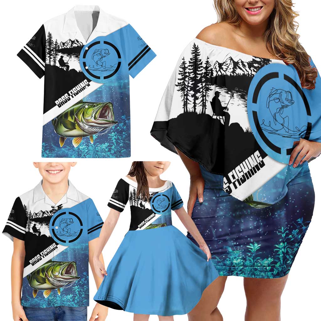 Largemouth Bass Fishing Underwater Graphic Family Matching Off Shoulder Short Dress and Hawaiian Shirt Mountain Silhouette and Custom Name Design - Wonder Print Shop
