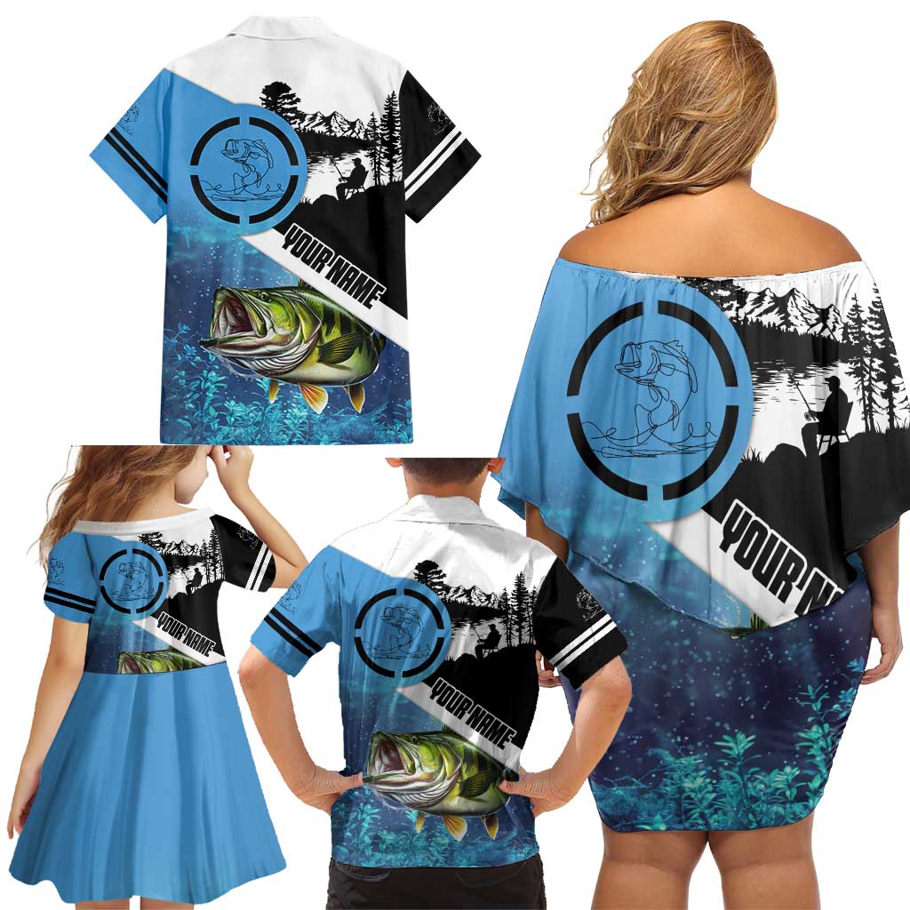 Largemouth Bass Fishing Underwater Graphic Family Matching Off Shoulder Short Dress and Hawaiian Shirt Mountain Silhouette and Custom Name Design - Wonder Print Shop