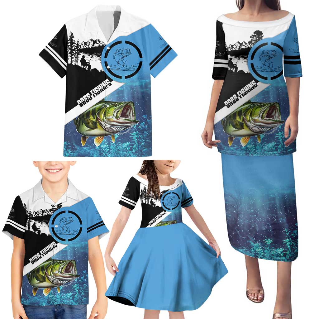 Largemouth Bass Fishing Underwater Graphic Family Matching Puletasi and Hawaiian Shirt Mountain Silhouette and Custom Name Design - Wonder Print Shop