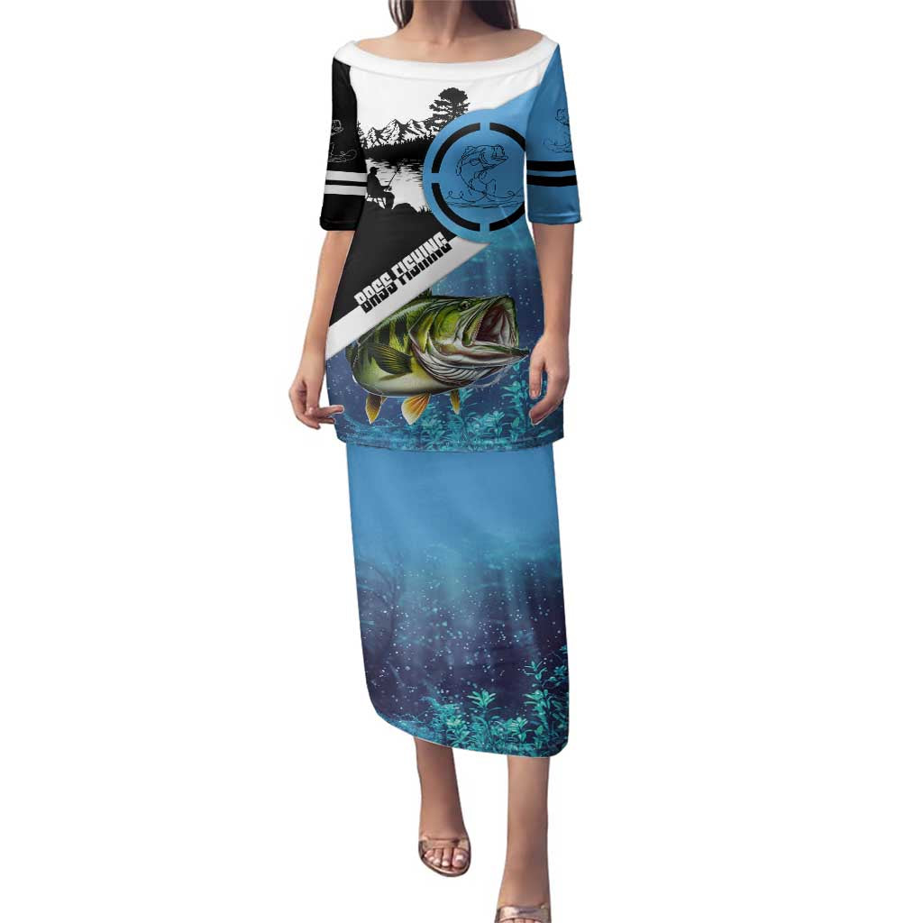 Largemouth Bass Fishing Underwater Graphic Family Matching Puletasi and Hawaiian Shirt Mountain Silhouette and Custom Name Design - Wonder Print Shop