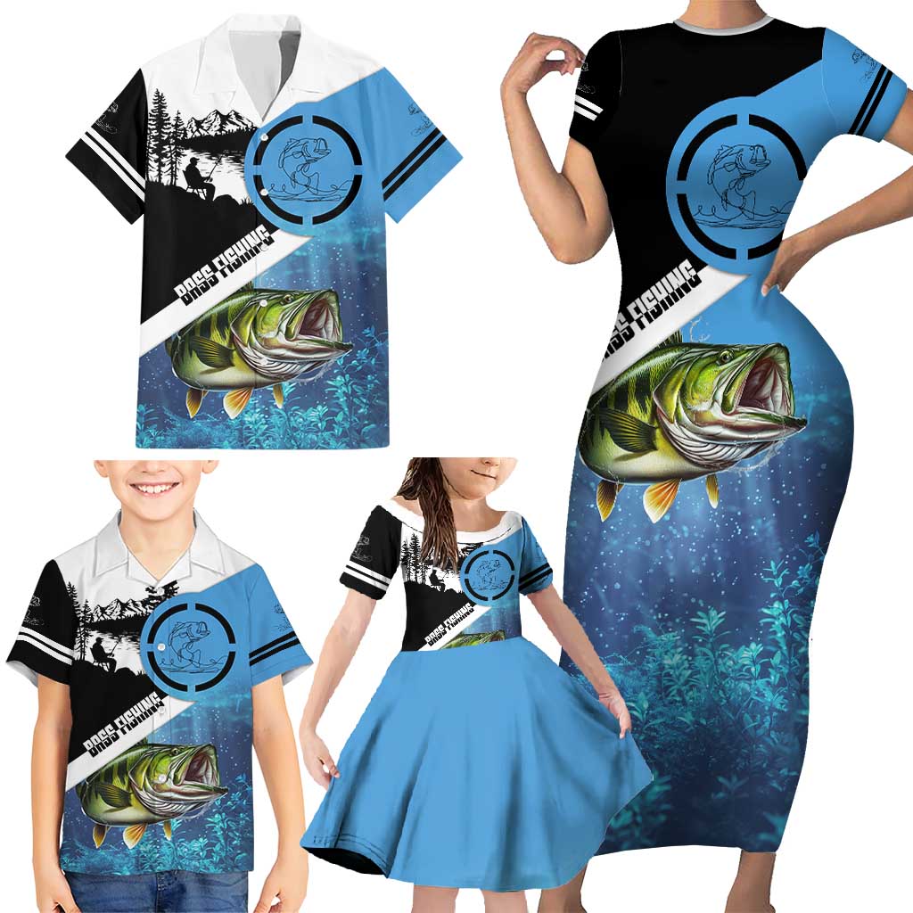 Largemouth Bass Fishing Underwater Graphic Family Matching Short Sleeve Bodycon Dress and Hawaiian Shirt Mountain Silhouette and Custom Name Design - Wonder Print Shop