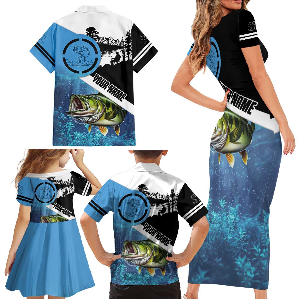 Largemouth Bass Fishing Underwater Graphic Family Matching Short Sleeve Bodycon Dress and Hawaiian Shirt Mountain Silhouette and Custom Name Design - Wonder Print Shop