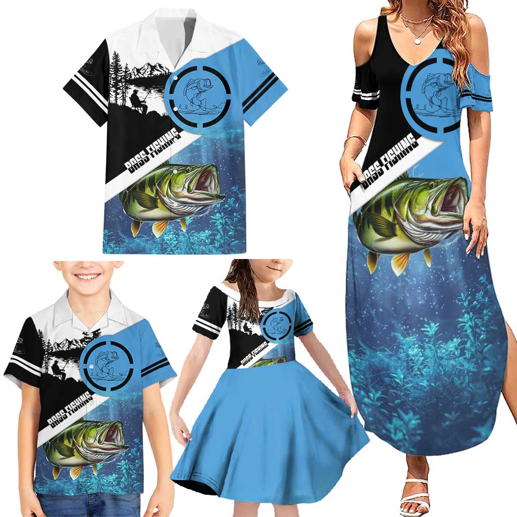 Largemouth Bass Fishing Underwater Graphic Family Matching Summer Maxi Dress and Hawaiian Shirt Mountain Silhouette and Custom Name Design - Wonder Print Shop
