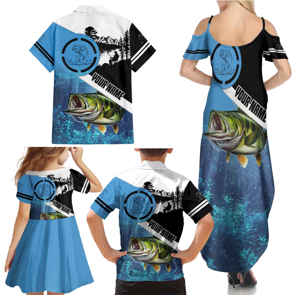 Largemouth Bass Fishing Underwater Graphic Family Matching Summer Maxi Dress and Hawaiian Shirt Mountain Silhouette and Custom Name Design - Wonder Print Shop