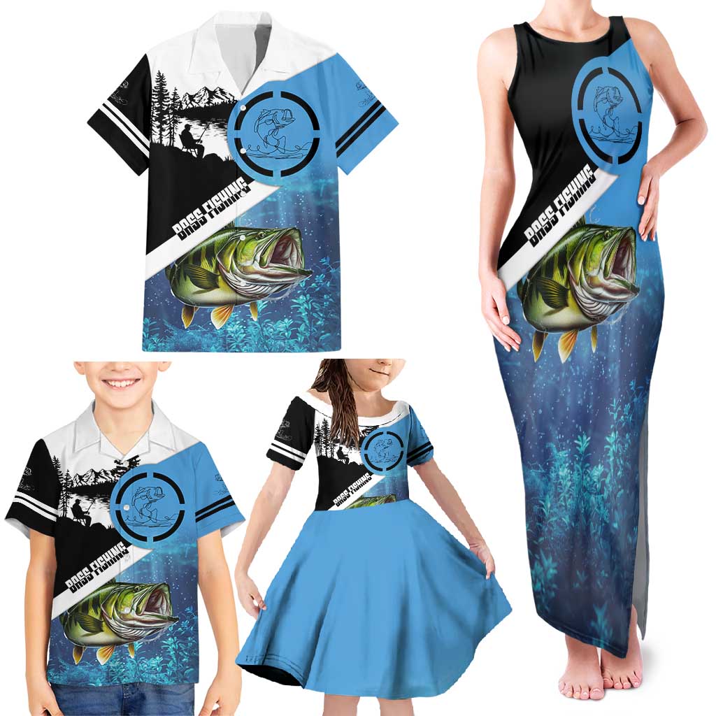 Largemouth Bass Fishing Underwater Graphic Family Matching Tank Maxi Dress and Hawaiian Shirt Mountain Silhouette and Custom Name Design - Wonder Print Shop