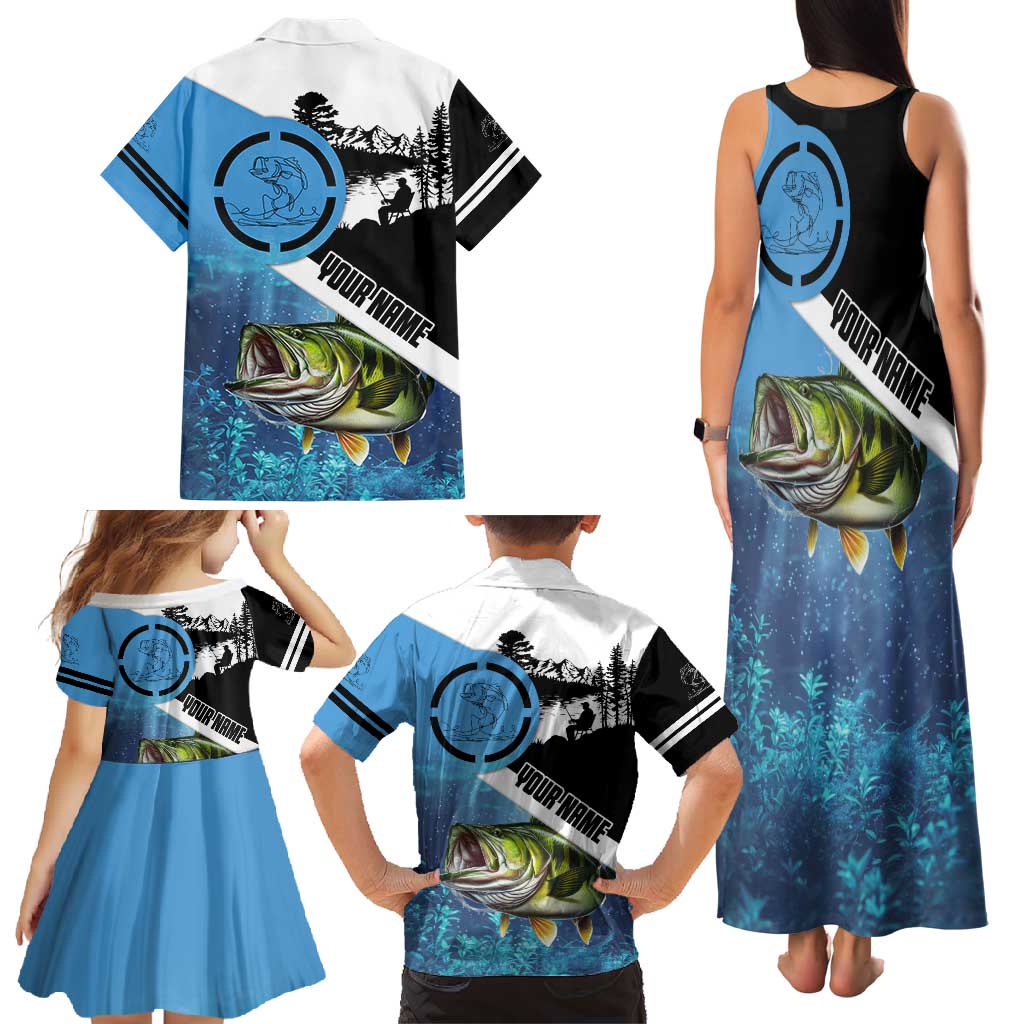 Largemouth Bass Fishing Underwater Graphic Family Matching Tank Maxi Dress and Hawaiian Shirt Mountain Silhouette and Custom Name Design - Wonder Print Shop