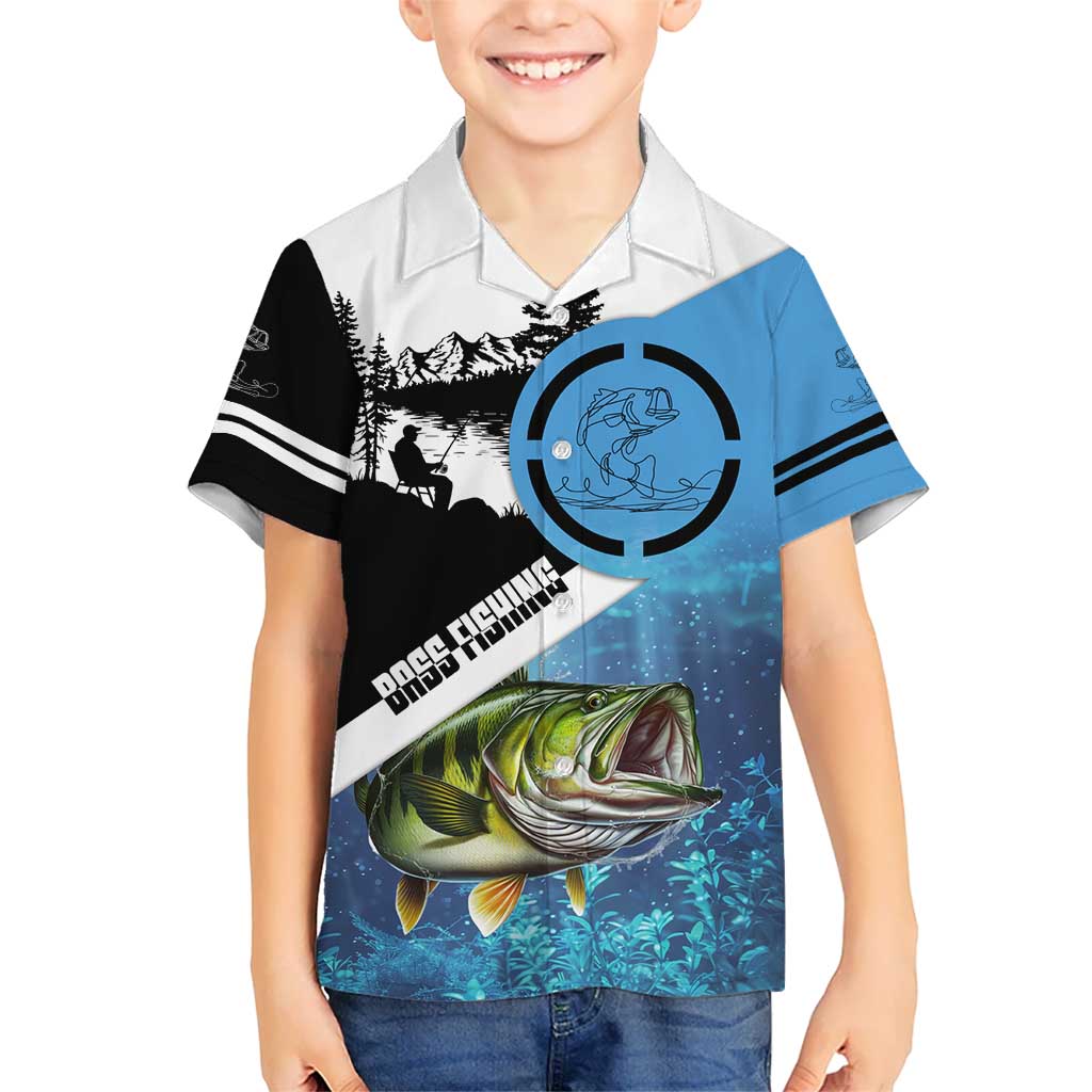 Largemouth Bass Fishing Underwater Graphic Kid Hawaiian Shirt Mountain Silhouette and Custom Name Design - Wonder Print Shop
