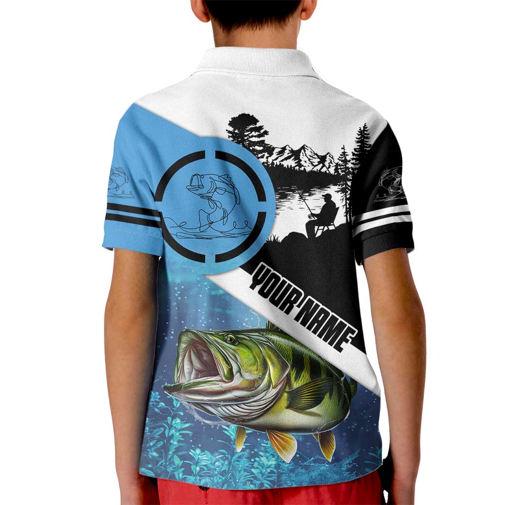 Largemouth Bass Fishing Underwater Graphic Kid Polo Shirt Mountain Silhouette and Custom Name Design - Wonder Print Shop