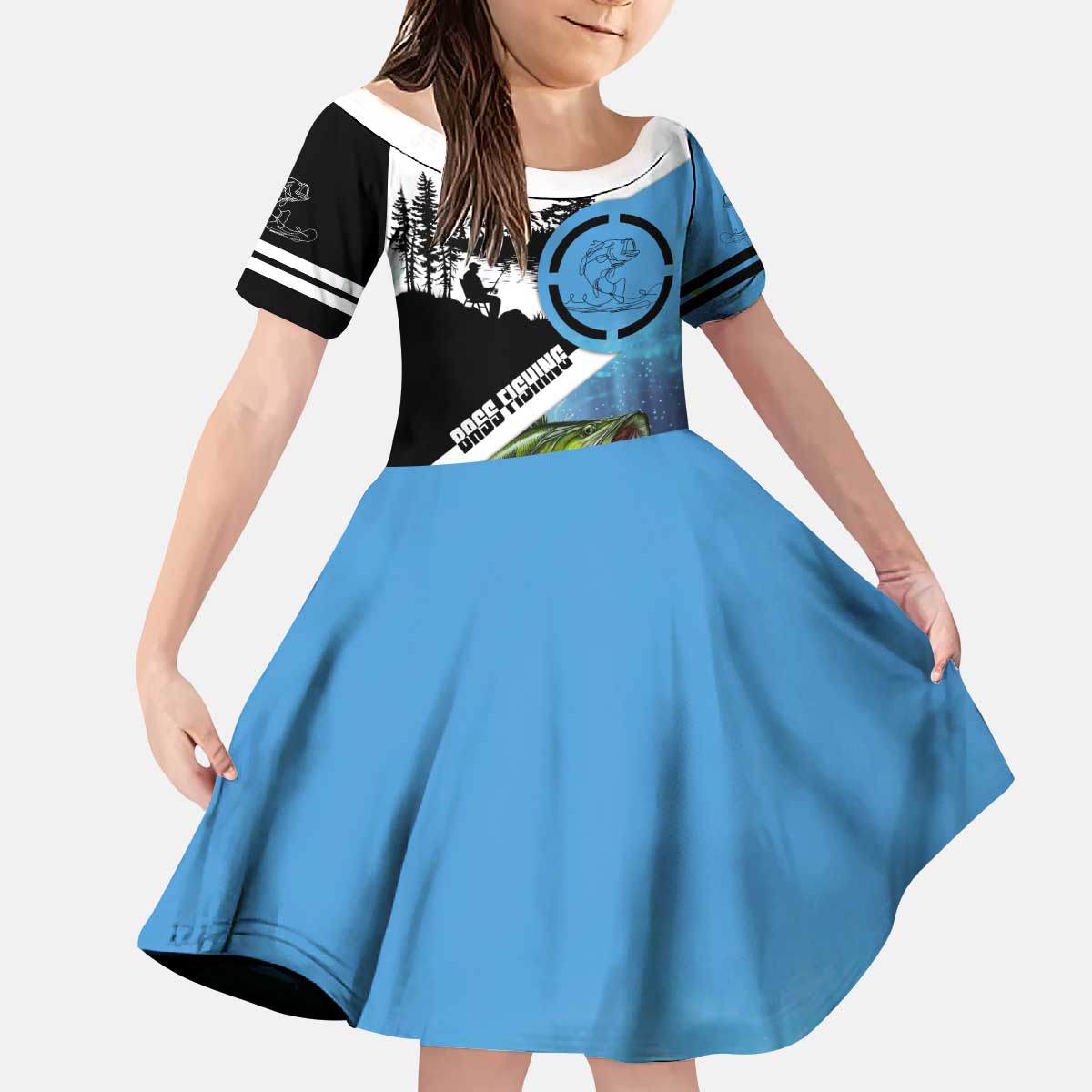 Largemouth Bass Fishing Underwater Graphic Kid Short Sleeve Dress Mountain Silhouette and Custom Name Design - Wonder Print Shop
