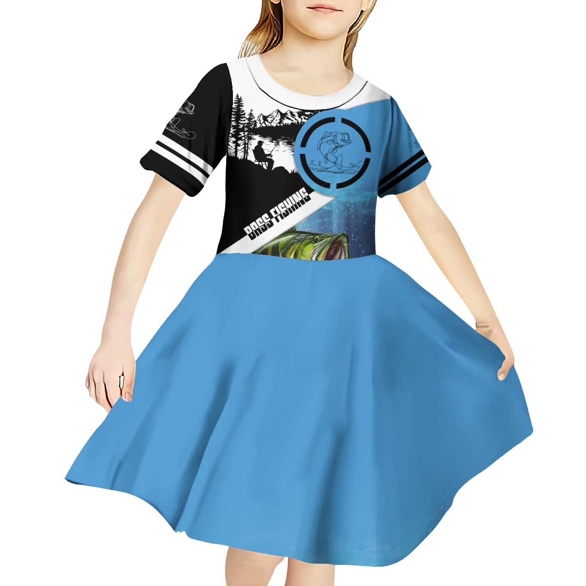 Largemouth Bass Fishing Underwater Graphic Kid Short Sleeve Dress Mountain Silhouette and Custom Name Design - Wonder Print Shop