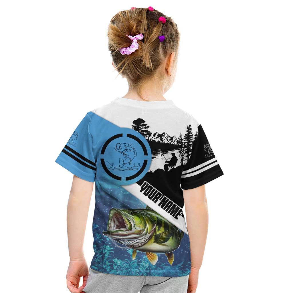 Largemouth Bass Fishing Underwater Graphic Kid T Shirt Mountain Silhouette and Custom Name Design - Wonder Print Shop