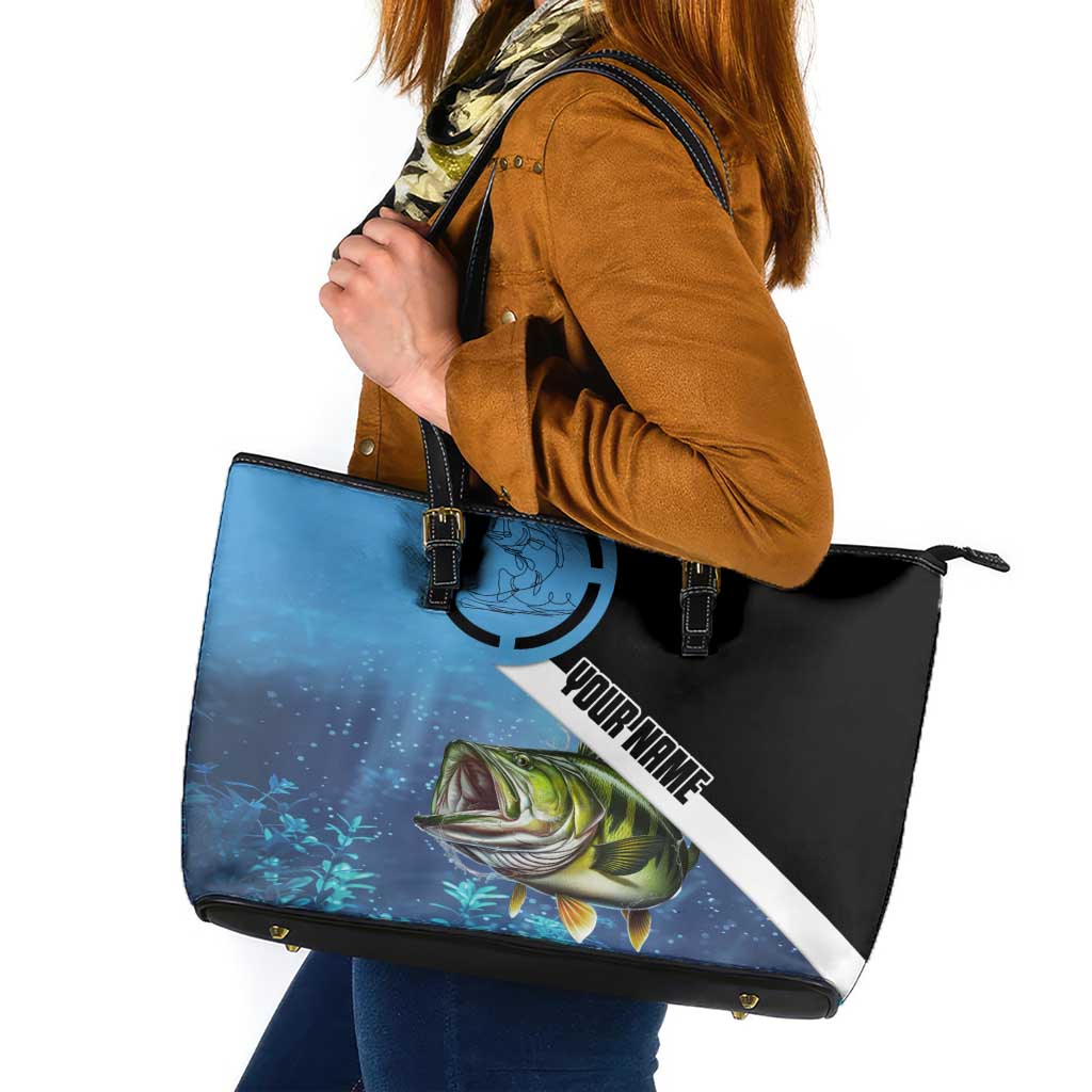 Largemouth Bass Fishing Underwater Graphic Leather Tote Bag Mountain Silhouette and Custom Name Design - Wonder Print Shop