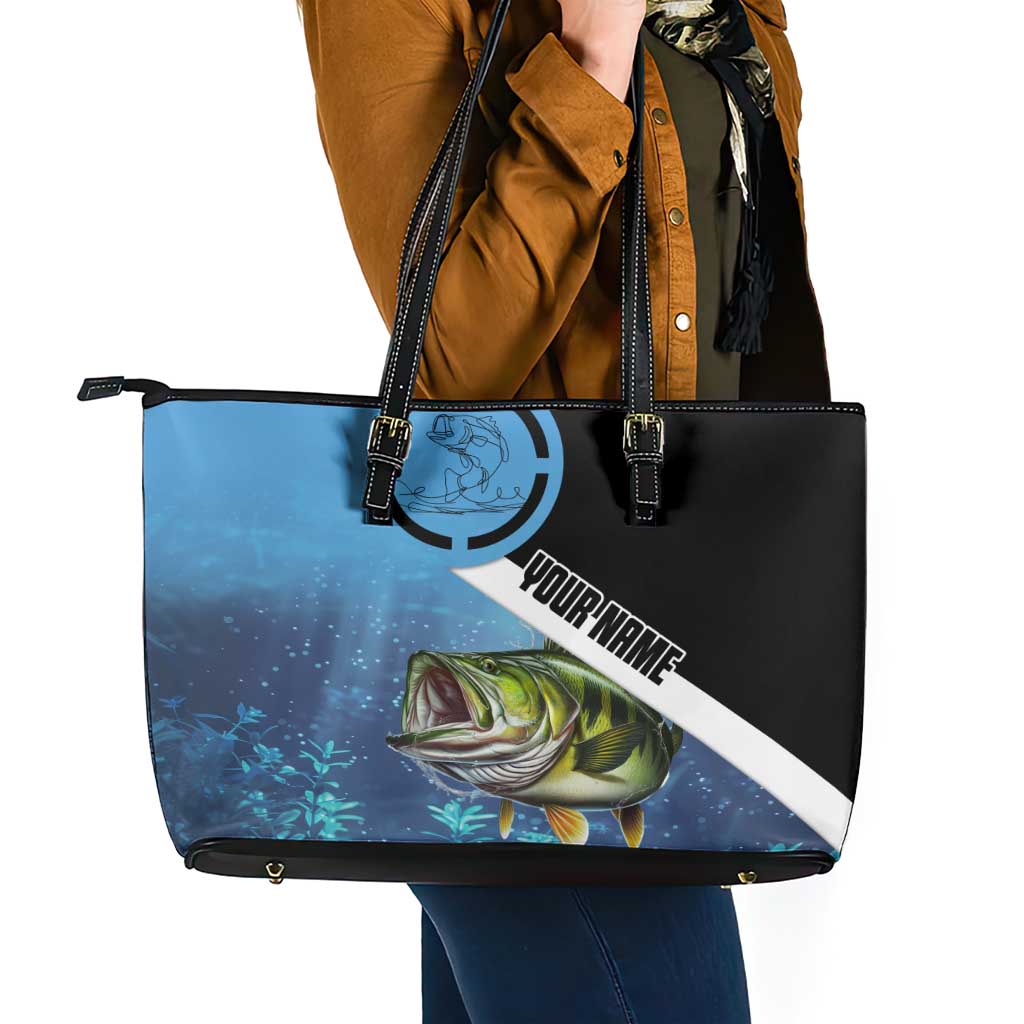 Largemouth Bass Fishing Underwater Graphic Leather Tote Bag Mountain Silhouette and Custom Name Design - Wonder Print Shop
