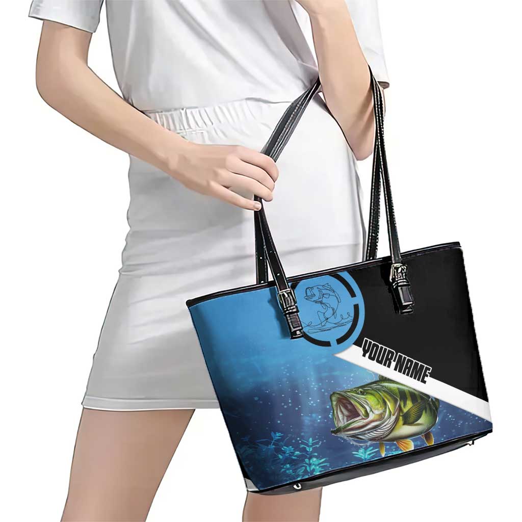Largemouth Bass Fishing Underwater Graphic Leather Tote Bag Mountain Silhouette and Custom Name Design - Wonder Print Shop