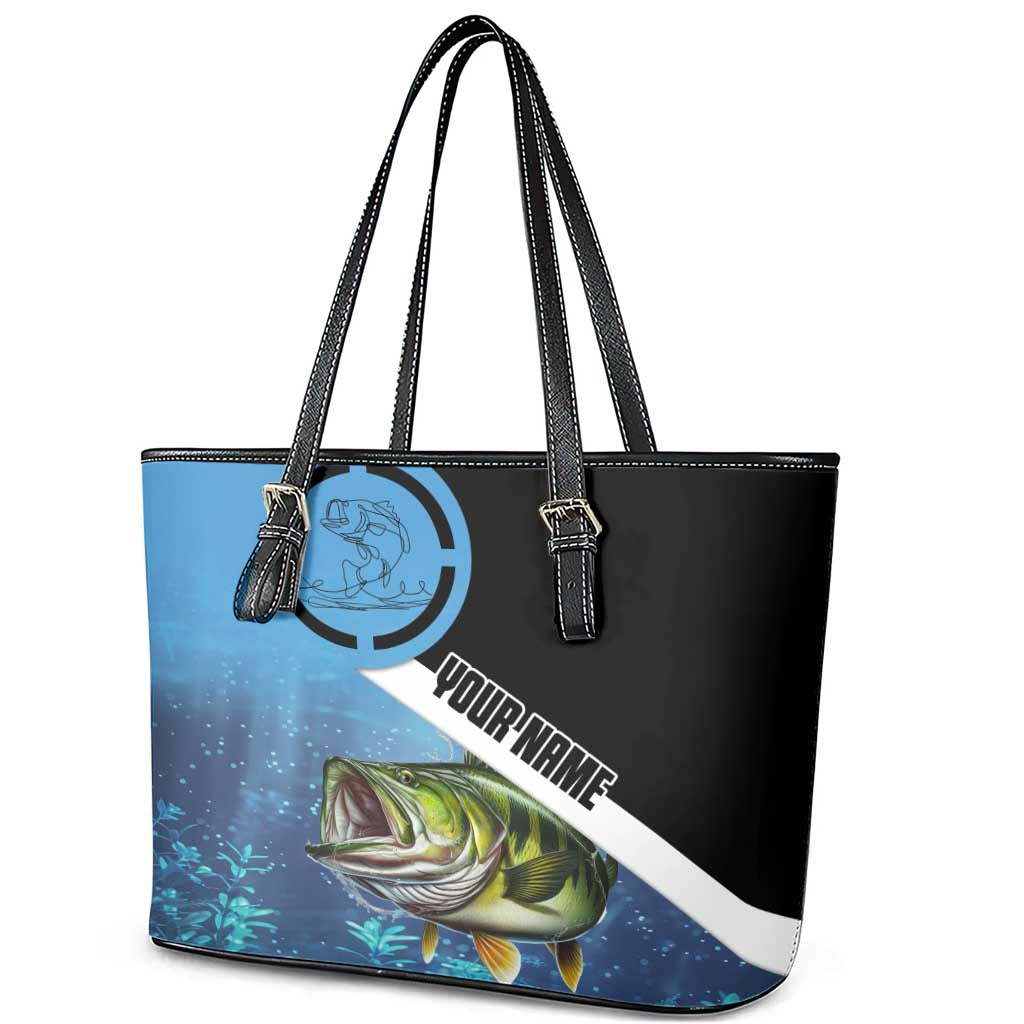 Largemouth Bass Fishing Underwater Graphic Leather Tote Bag Mountain Silhouette and Custom Name Design - Wonder Print Shop