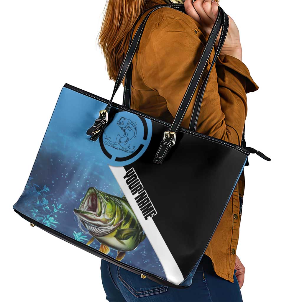 Largemouth Bass Fishing Underwater Graphic Leather Tote Bag Mountain Silhouette and Custom Name Design - Wonder Print Shop