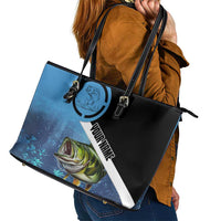 Largemouth Bass Fishing Underwater Graphic Leather Tote Bag Mountain Silhouette and Custom Name Design - Wonder Print Shop