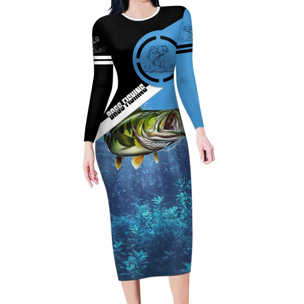 Largemouth Bass Fishing Underwater Graphic Long Sleeve Bodycon Dress Mountain Silhouette and Custom Name Design - Wonder Print Shop