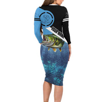 Largemouth Bass Fishing Underwater Graphic Long Sleeve Bodycon Dress Mountain Silhouette and Custom Name Design - Wonder Print Shop