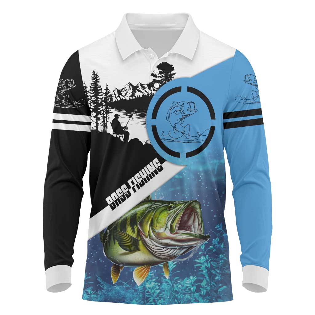 Largemouth Bass Fishing Underwater Graphic Long Sleeve Polo Shirt Mountain Silhouette and Custom Name Design - Wonder Print Shop