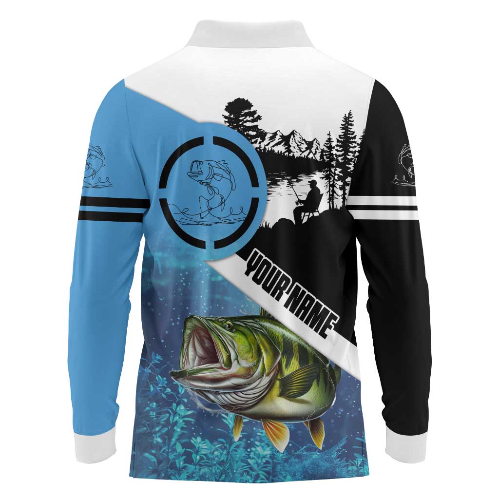 Largemouth Bass Fishing Underwater Graphic Long Sleeve Polo Shirt Mountain Silhouette and Custom Name Design - Wonder Print Shop