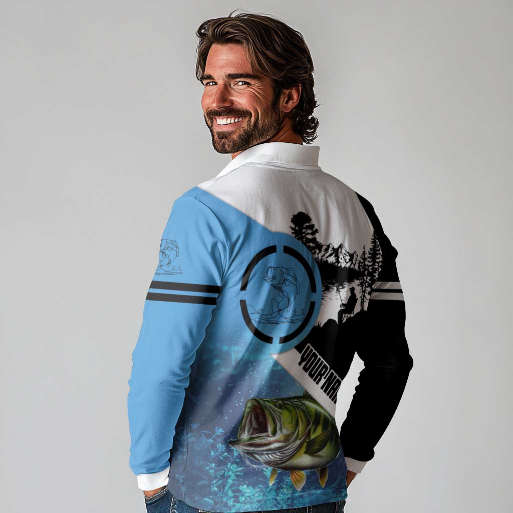 Largemouth Bass Fishing Underwater Graphic Long Sleeve Polo Shirt Mountain Silhouette and Custom Name Design - Wonder Print Shop