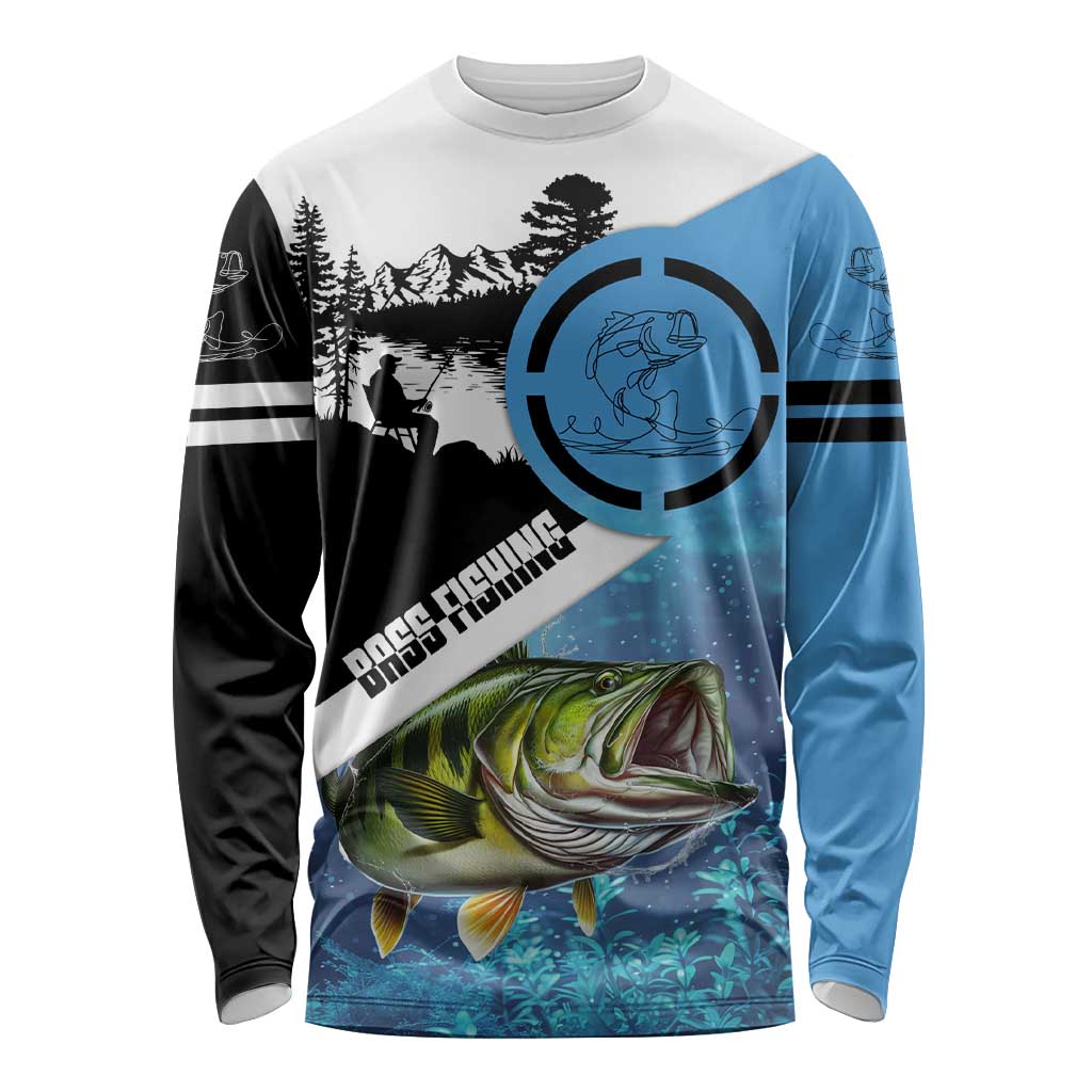 Largemouth Bass Fishing Underwater Graphic Long Sleeve Shirt Mountain Silhouette and Custom Name Design - Wonder Print Shop