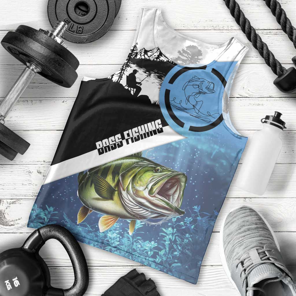 Largemouth Bass Fishing Underwater Graphic Men Tank Top Mountain Silhouette and Custom Name Design - Wonder Print Shop