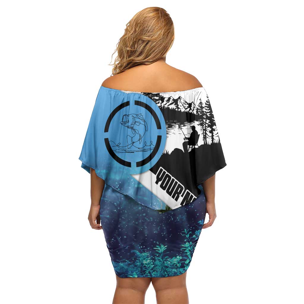 Largemouth Bass Fishing Underwater Graphic Off Shoulder Short Dress Mountain Silhouette and Custom Name Design - Wonder Print Shop