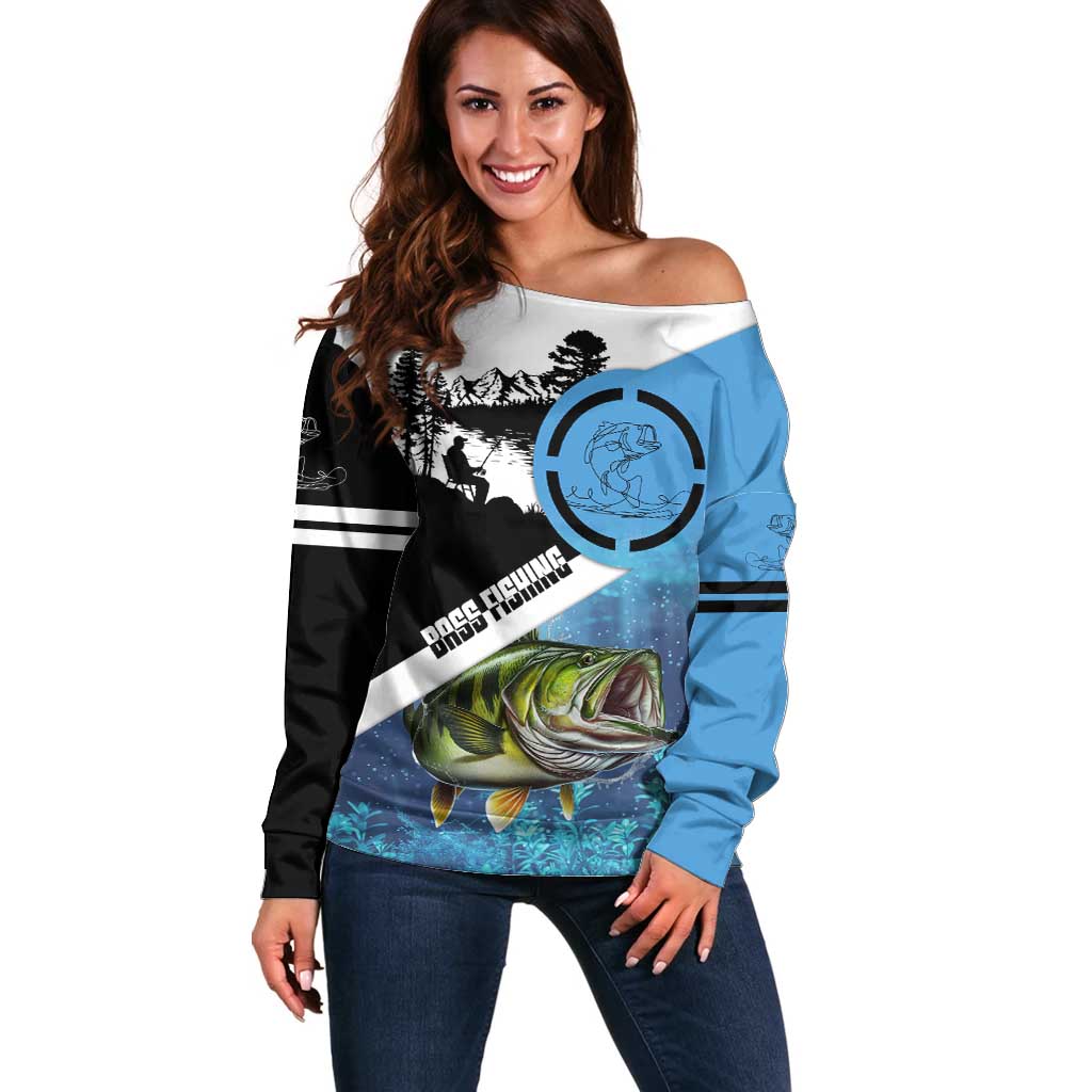 Largemouth Bass Fishing Underwater Graphic Off Shoulder Sweater Mountain Silhouette and Custom Name Design - Wonder Print Shop