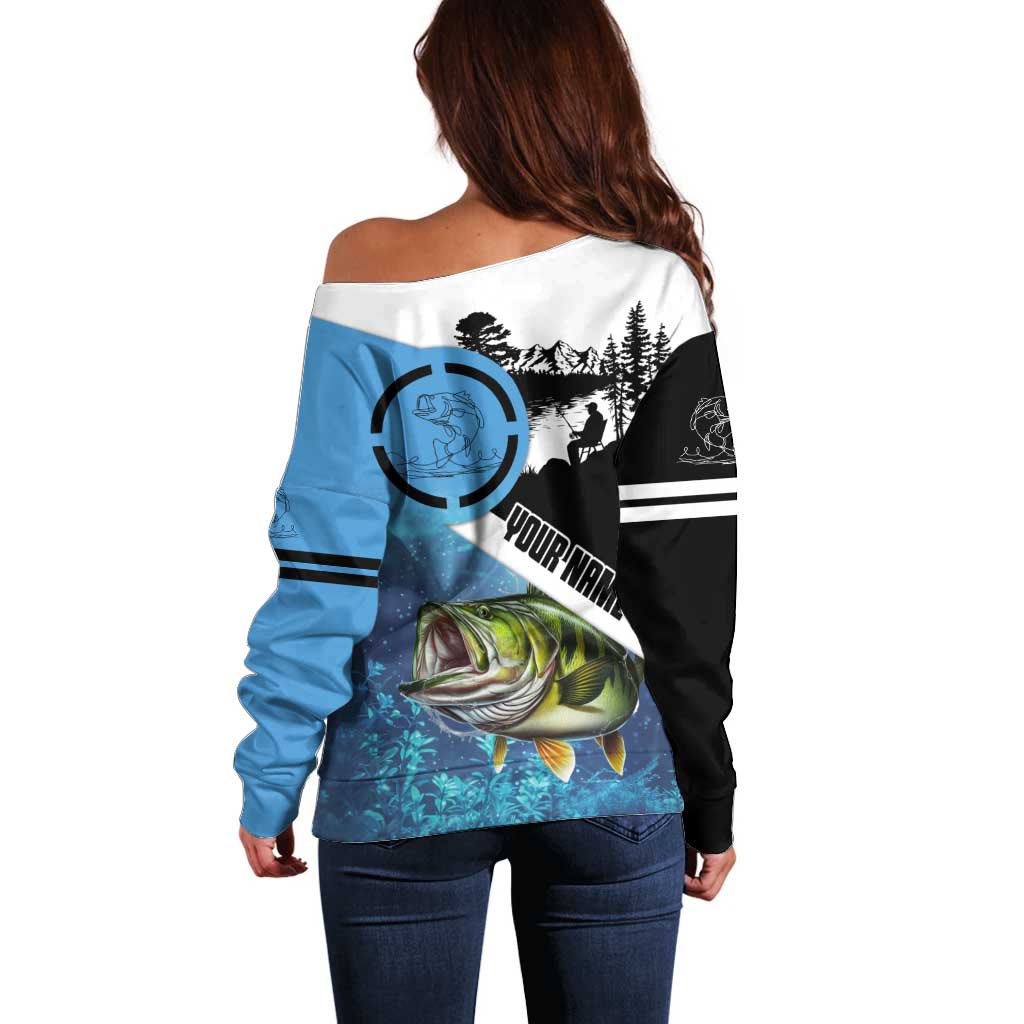 Largemouth Bass Fishing Underwater Graphic Off Shoulder Sweater Mountain Silhouette and Custom Name Design - Wonder Print Shop