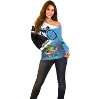 Largemouth Bass Fishing Underwater Graphic Off Shoulder Sweater Mountain Silhouette and Custom Name Design - Wonder Print Shop