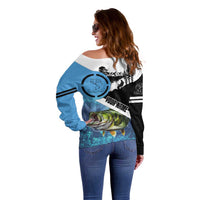 Largemouth Bass Fishing Underwater Graphic Off Shoulder Sweater Mountain Silhouette and Custom Name Design - Wonder Print Shop